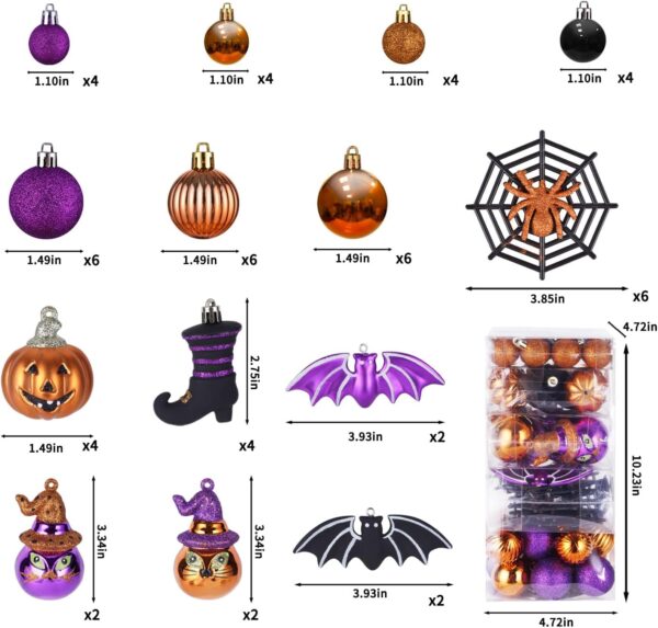 56 Pieces Halloween Hanging Ornaments for Tree Decorations, Shatterproof Plastic Hanging Halloween Ball Pendant with Pumpkin, Witch Hat Sign, Halloween Tree Decorations for Party, Holiday, Home (Various New) - Image 2