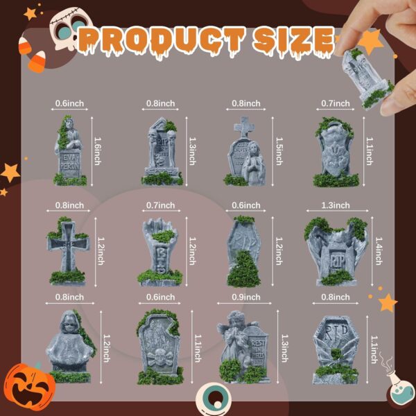 12 Pieces Miniature Tombstone Figurines Mini Resin Headstones Various Sizes Styles for Mini Houses Cemetery Scenes Diorama Crafts Halloween Decoration Accessories, Green - Image 2