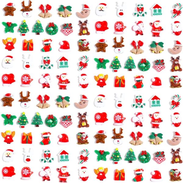 100pcs Christmas slime sticky flat back ornaments, various craft resin ornaments miniature ornaments set, Santa Claus snowman tree bell resin decoration craft making, decorative scrapbook  crafts