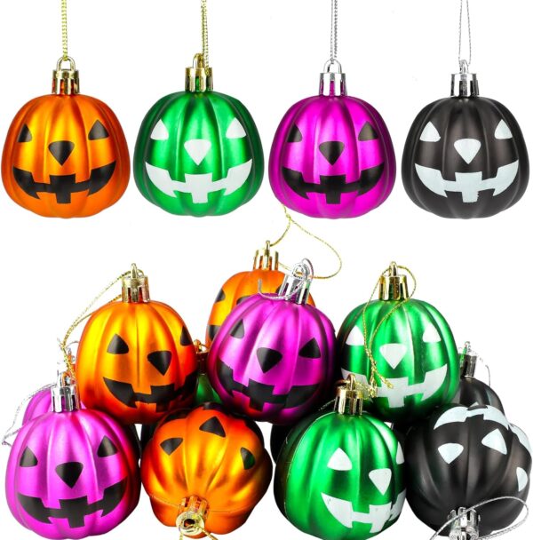 12 Pcs Halloween Hanging Pumpkin Ornaments, Jack-O-Lantern Shatterproof Ball Ornaments with Expression Hanging Mini Pumpkin Horror Night Party Tree Supplies