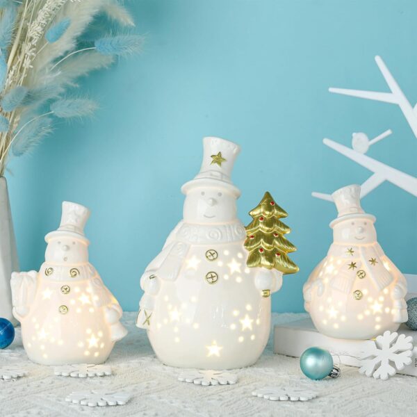 3 Pcs Lighted Ceramic Christmas Tree Snowman Gift Decor Porcelain White Ceramic Figurines with Lights Christmas Winter White Tree Table Centerpiece for Tabletop Decorations(Snowman)