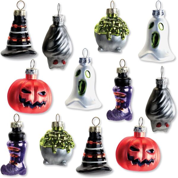 Glass Halloween Figures Ornaments - Set of 12, Holiday Home Décor, Ghost, Jack, Witches Hat