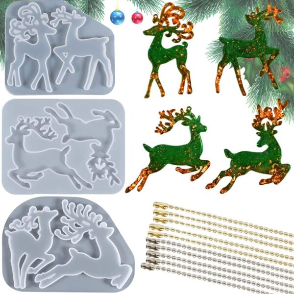3pcs Resin Christmas Elk Molds with 20 Bead Chain, Christmas Decoration Resin Mold Deer Silicone Mold for Resin Epoxy Casting Christmas Mold  Keychain Hanging Tag Decoration