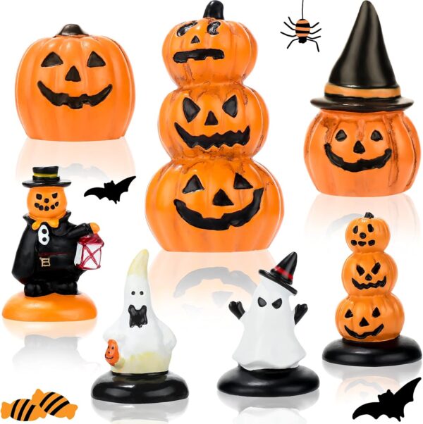7 Pieces Halloween Miniature Pumpkin Figurines Mini Resin Pumpkin Ghost Ornaments Fairy Halloween Garden Decoration Pumpkin Dolls Miniature Landscape for Home Outdoor Garden Decoration (Vivid Style)