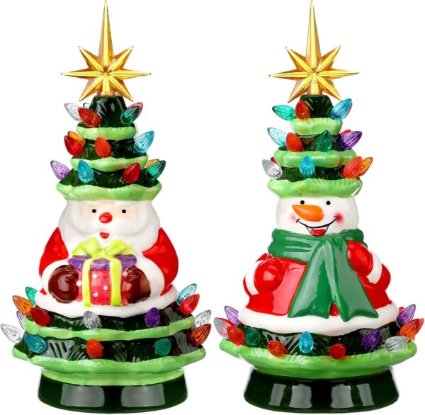 2 Pcs 11" Ceramic Christmas Tree with Light Small Gnomes Snowman Tree Ornaments Battery Operated Vintage Light Up Tabletop Christmas Tree Decoration for Holiday Xmas Indoor Decor