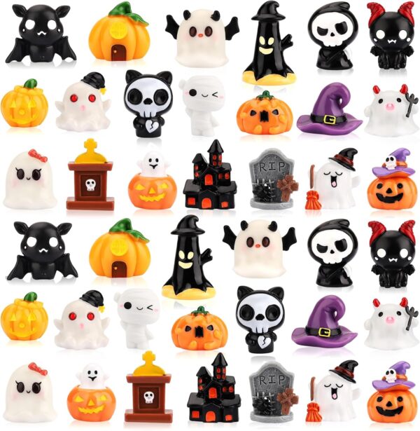 40 Pieces Mini Halloween Garden Statues - Cute Pumpkin, Ghost, Witch Hat Resin Miniatures for Party Favors and  Decorations