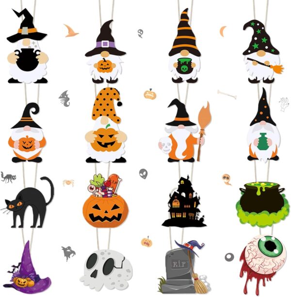 16 Pieces Wooden Hanging Ornaments, Indoor Halloween Decorations with String, Suitable for  Party Decorations