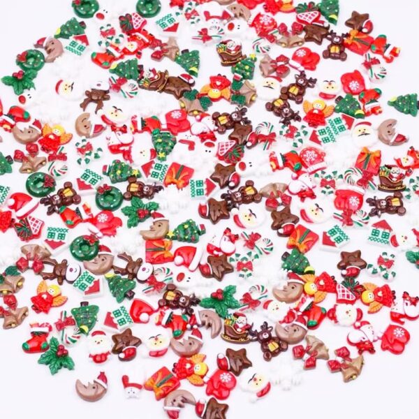 100pcs Christmas slime sticky flat back ornaments, various craft resin ornaments miniature ornaments set, Santa Claus snowman tree bell resin decoration craft making, decorative scrapbook  crafts - Image 2