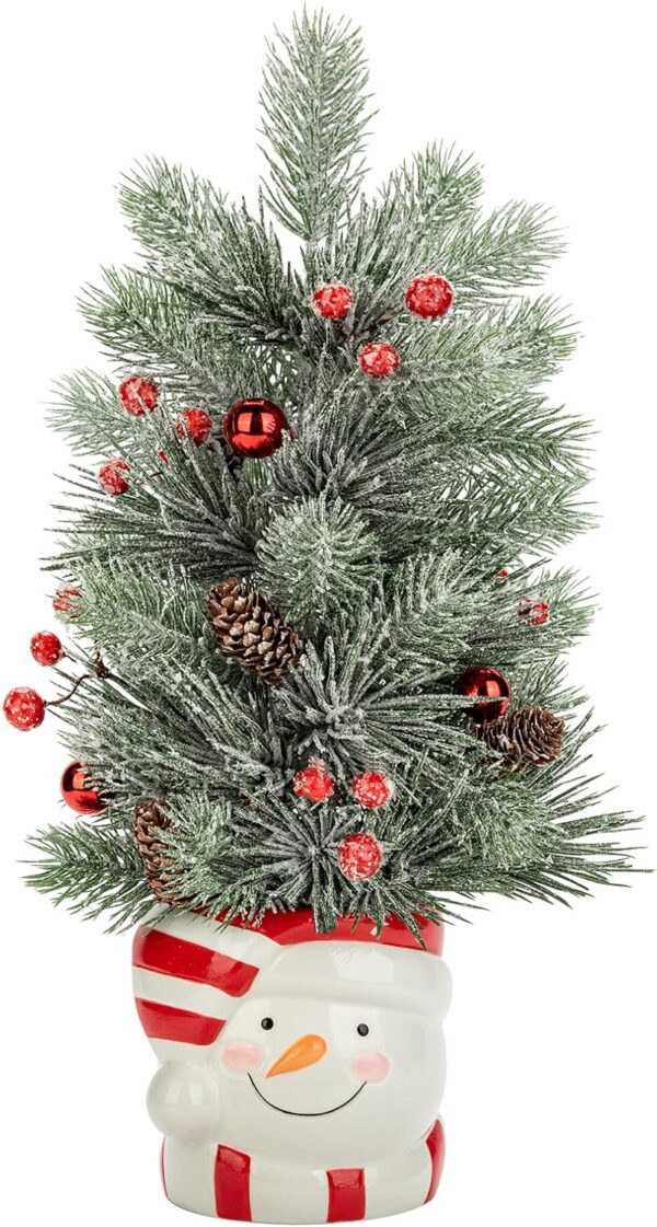 Small Christmas Tree Snowman Potted Plants with Vase 16.5" Artificial Tabletop Mini Xmas Tree Decorations Pine Needles Plant with Christmas Ball Ornaments Berries Pine Cones Home Party Christmas Decor