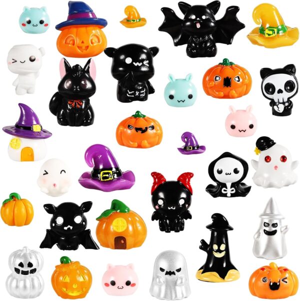 30pcs Mini Halloween Resin Ornaments, Tiny Resin Animals Figures Small Witch Hat Ghost Pumpkin Charms Washable Miniature Halloween Figurines Decorations for Hair Clips Photo Frames