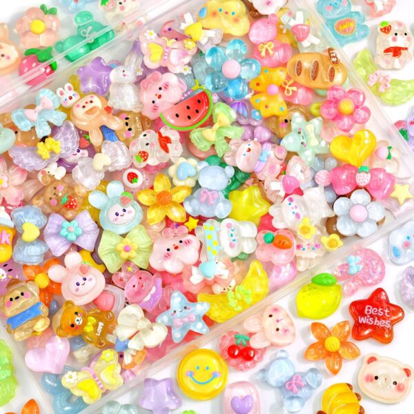 100pcs Mixed Color Slime Sticky Ornaments Assorted Cute Jelly Decorations, Kawaii Accessories, Bulk Flat Back Resin Decorations for Mobile Phone Trash Bins, Nail Art Designs, Handmade Scrapbooking and  Decorations