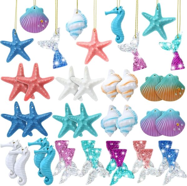 36pcs Beach Ocean Christmas Ornaments Starfish Resin Bulk Multicolor Ocean Theme Hanging Decorations Nautical Wedding Fishnet Decor Bathroom Home Tree Wall Decor