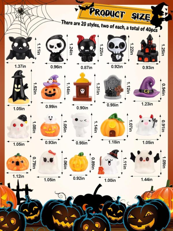 40 Pieces Mini Halloween Garden Statues - Cute Pumpkin, Ghost, Witch Hat Resin Miniatures for Party Favors and  Decorations - Image 2