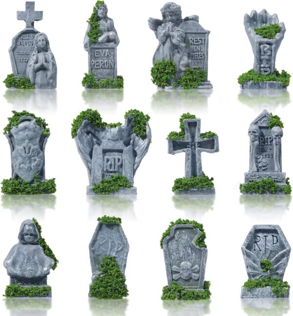 12 Pieces Miniature Tombstone Figurines Mini Resin Headstones Various Sizes Styles for Mini Houses Cemetery Scenes Diorama Crafts Halloween Decoration Accessories, Green