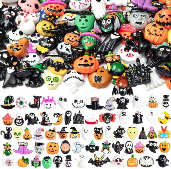 50pcs Halloween Resin Flat Back Decorations, 3D Phone Case Flat Back Skull Accessories with Pumpkin Skull Owl Bat,  Mini Halloween Slime Charms for Decorating Hair Clips, Scrapbooks, Photo Frames