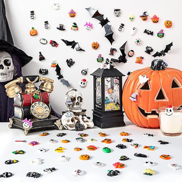 50pcs Halloween Resin Flat Back Decorations, 3D Phone Case Flat Back Skull Accessories with Pumpkin Skull Owl Bat,  Mini Halloween Slime Charms for Decorating Hair Clips, Scrapbooks, Photo Frames - Image 2