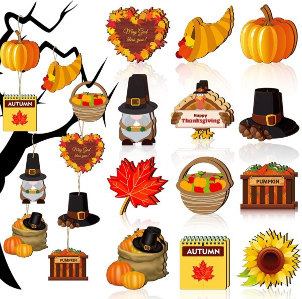 Halloween Wooden Decorations Ghost Ornaments Tree Skull Pumpkin Owl Decoration Pumpkin Dwarf Wooden Decorations for Halloween Thanksgiving Party Favors (Warm Style, 24 Pieces)