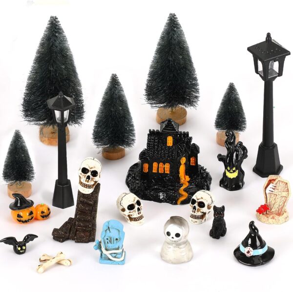 2pcs Halloween Miniature Figurines Resin Pumpkin Tree Ghost Bat Skull Tombstone Statue Decoration Halloween Village Garden Miniature Crafts Home Decor Accessories