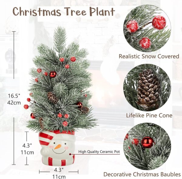 Small Christmas Tree Snowman Potted Plants with Vase 16.5" Artificial Tabletop Mini Xmas Tree Decorations Pine Needles Plant with Christmas Ball Ornaments Berries Pine Cones Home Party Christmas Decor - Image 2