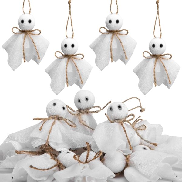 16 Piece Halloween Ghost Hanging Ornaments - 3 Inch Small Hanging Ghost Tree Decorations - Farmhouse Rustic Fabric Ghost Hanging Decorations Haunted House Party Yard Tree Decorations