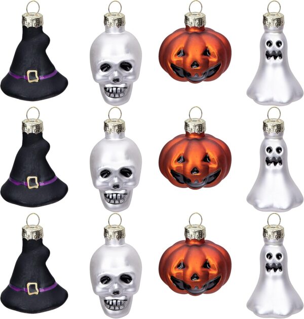 12 Glass Ornaments - Halloween Decorations Pumpkin, Ghost, Skull, Witch Hat Party and Tree