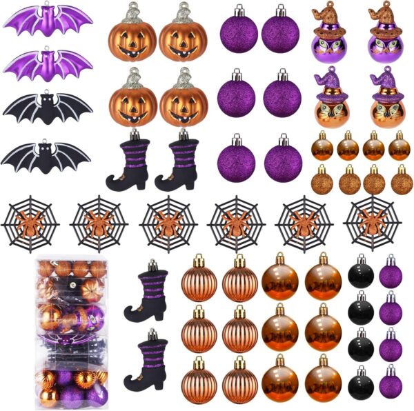 56 Pieces Halloween Hanging Ornaments for Tree Decorations, Shatterproof Plastic Hanging Halloween Ball Pendant with Pumpkin, Witch Hat Sign, Halloween Tree Decorations for Party, Holiday, Home (Various New)