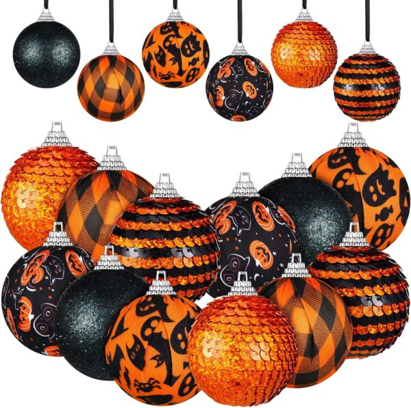 12pcs Halloween Decorations Tree Halloween Ball Ornaments Glitter Ghost Black Orange Ball Ornaments Halloween Tree Decorations Autumn Thanksgiving Halloween Party Hanging Decorations