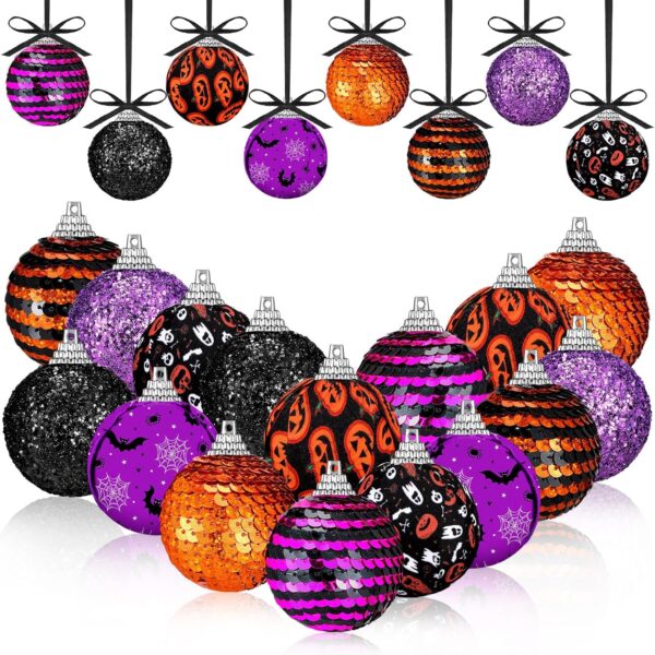 16 Pieces Halloween Ball Ornaments for Tree 1.97 Inch Halloween Tree Decorations Pumpkin Ghost Bat Spider Glitter Ornaments with Sequins for Holiday Party Decorations